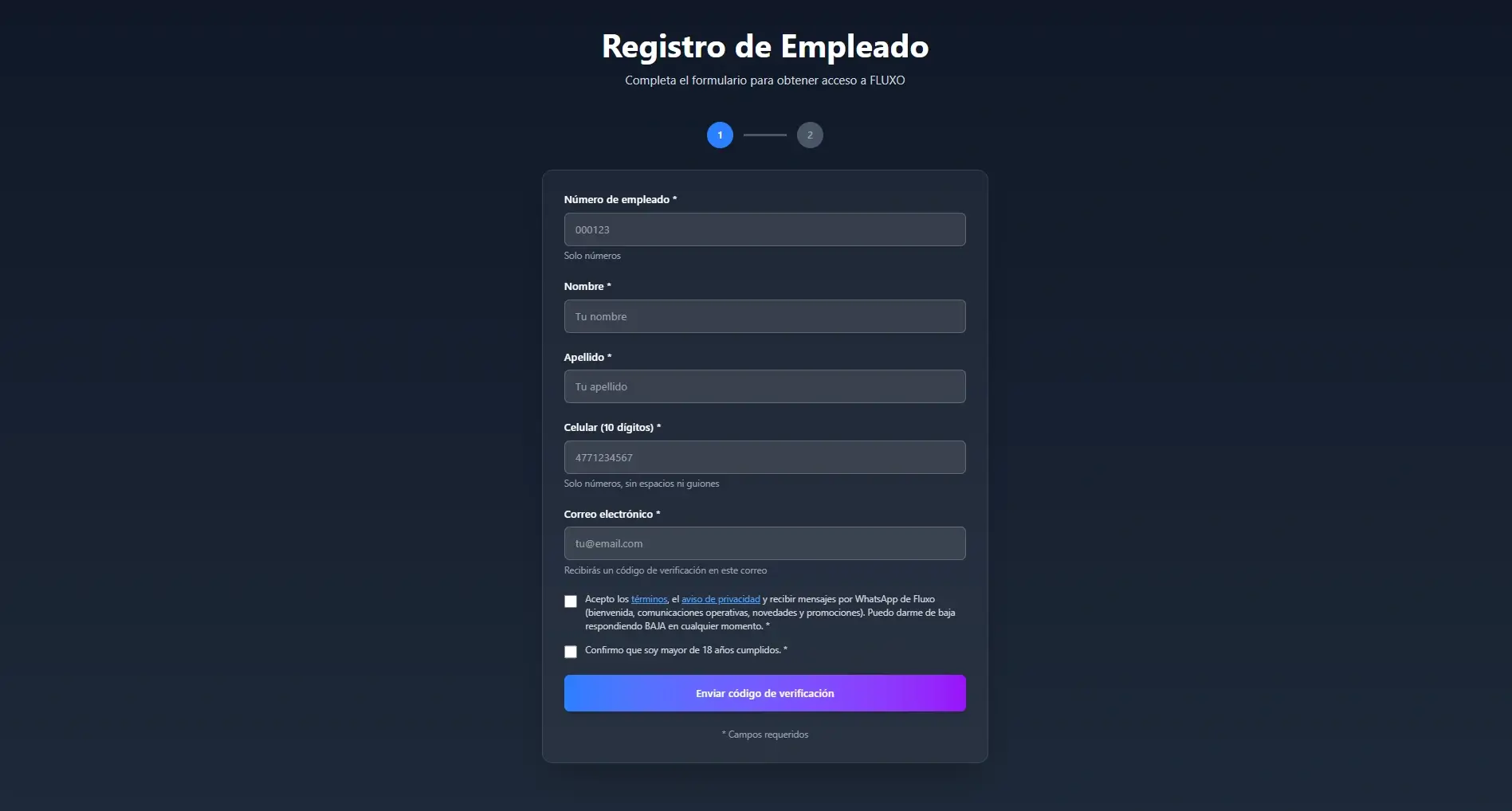 FLUXO employee registration interface